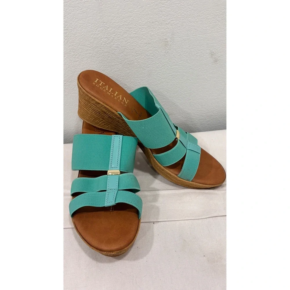 Italian‎ Shoemakers Womens Turquoise Elastic Strap Wedge Sandals Size 10 Italy